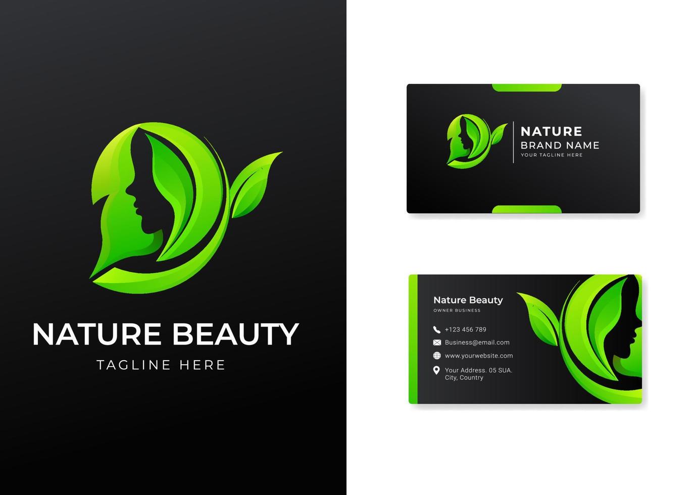 diseño de logotipo de belleza de naturaleza de hoja de cara de mujer con tarjeta de visita vector