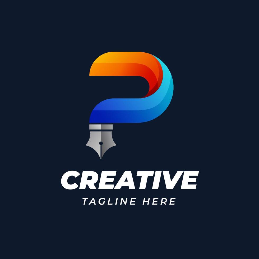 Creative letter P logo design template with pen shape gradient colorful vector