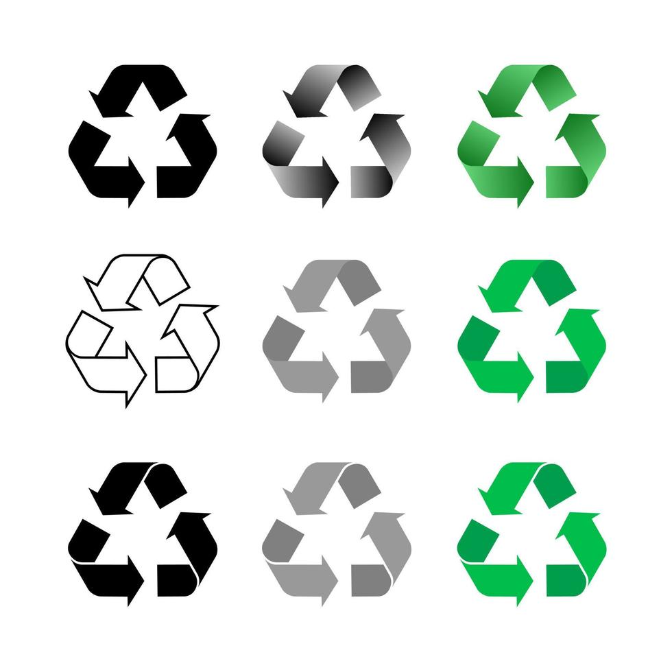 Recycle icon. Set of recycling signs, arrow recycle icon isolated on white background. Recycle icon collection. Recycling environmental symbols. Recycling sign. Vector illustration