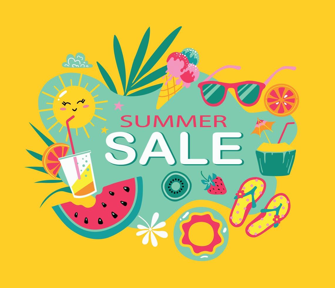 Summer sale vector banner template. Summer sale shop with elements like  fruits, ice cream,beach shoes and palm leaves for tropical beach advertisement discount promo.