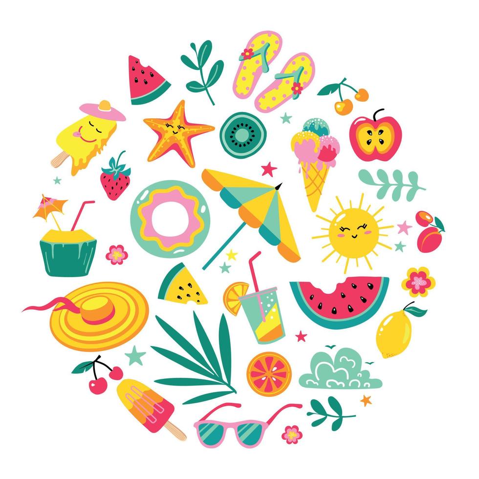 Set of cute summer icons. Beach party items collection. vector
