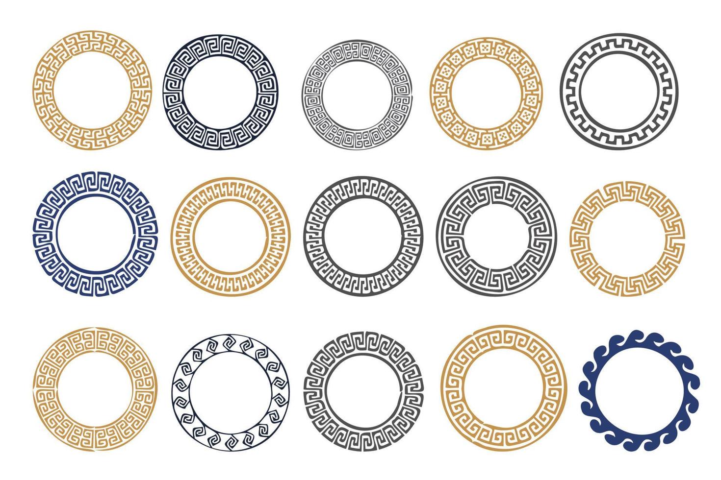 Circle greek frames. Round meander borders. Decoration elements patterns. Vector illustration isolated on white background