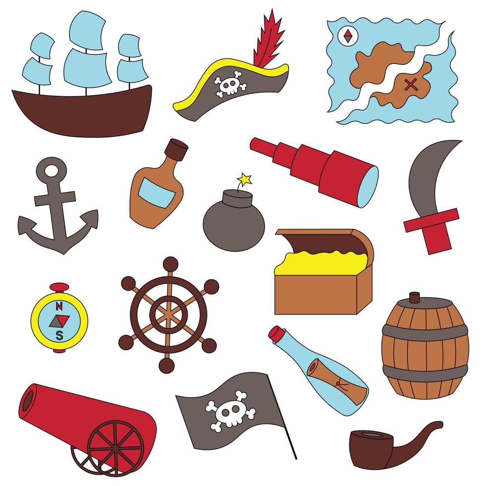 establecer artículos cosas piratas. dibujar una ilustración en color vector