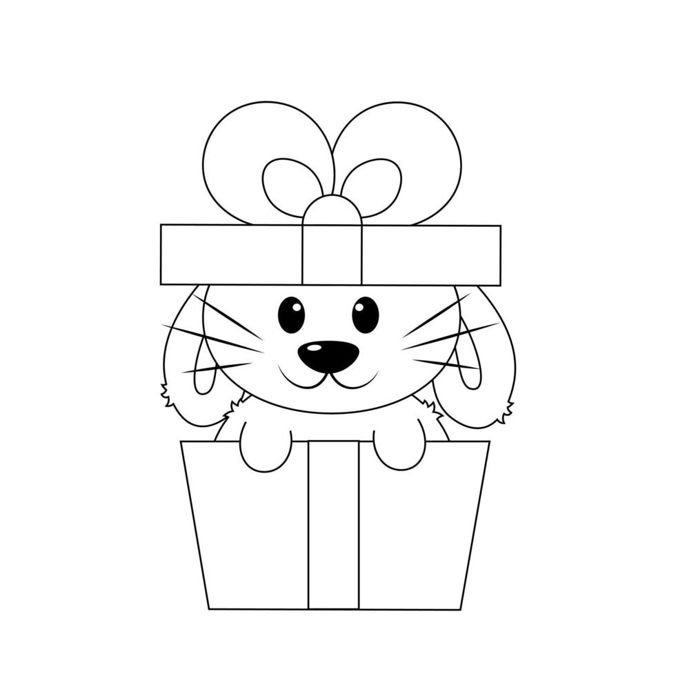 Cute cartoon Rabbit in gift box. Draw illustration in black and white vector