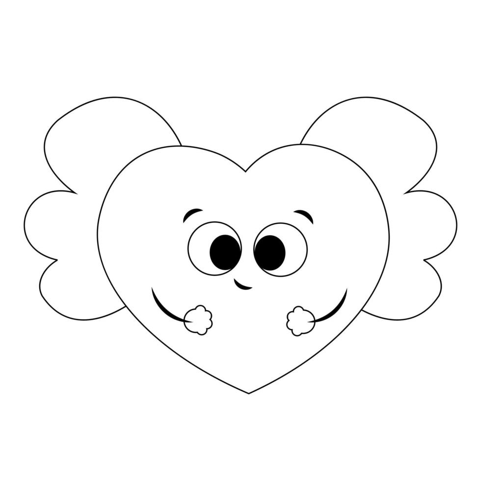 Cute cartoon Heart with Wing. Draw illustration in black and white vector