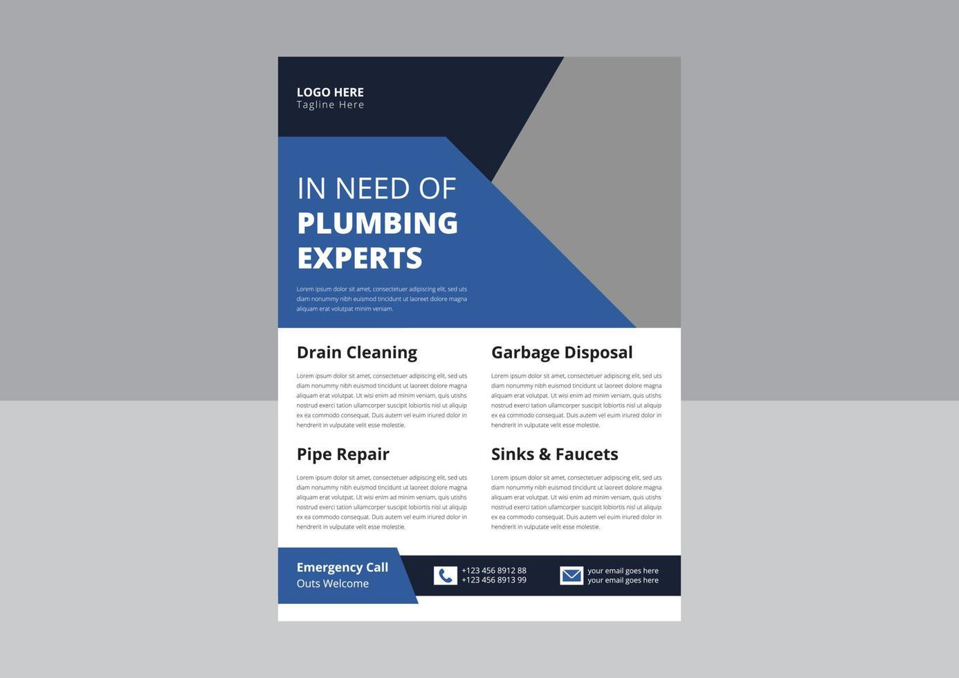 Plumbing Service Flyer Template. Professional plumbing service flyer poster leaflet template. Need A Plumbing Services, Handyman and Plumber Services Flyer. vector