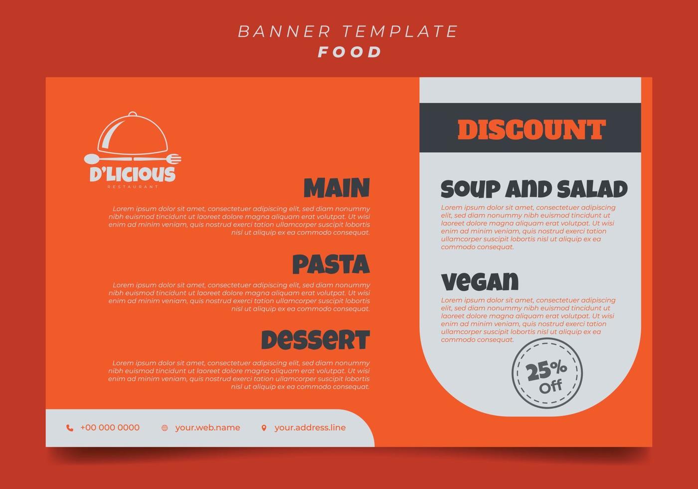 Orange banner template design. Restaurant banner design in orange color. vector