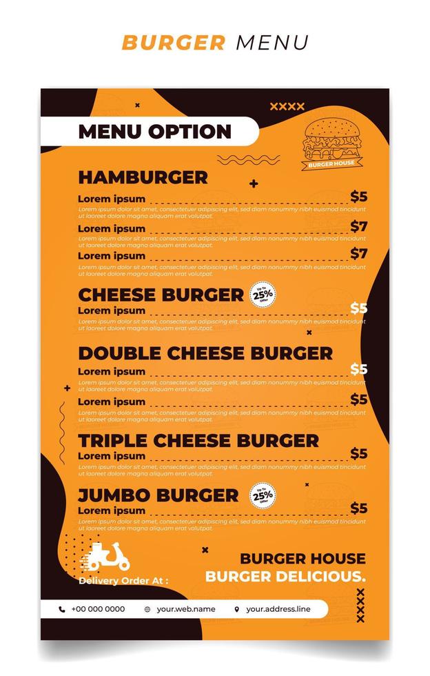 Yellow burger menu template with burger background design. vector