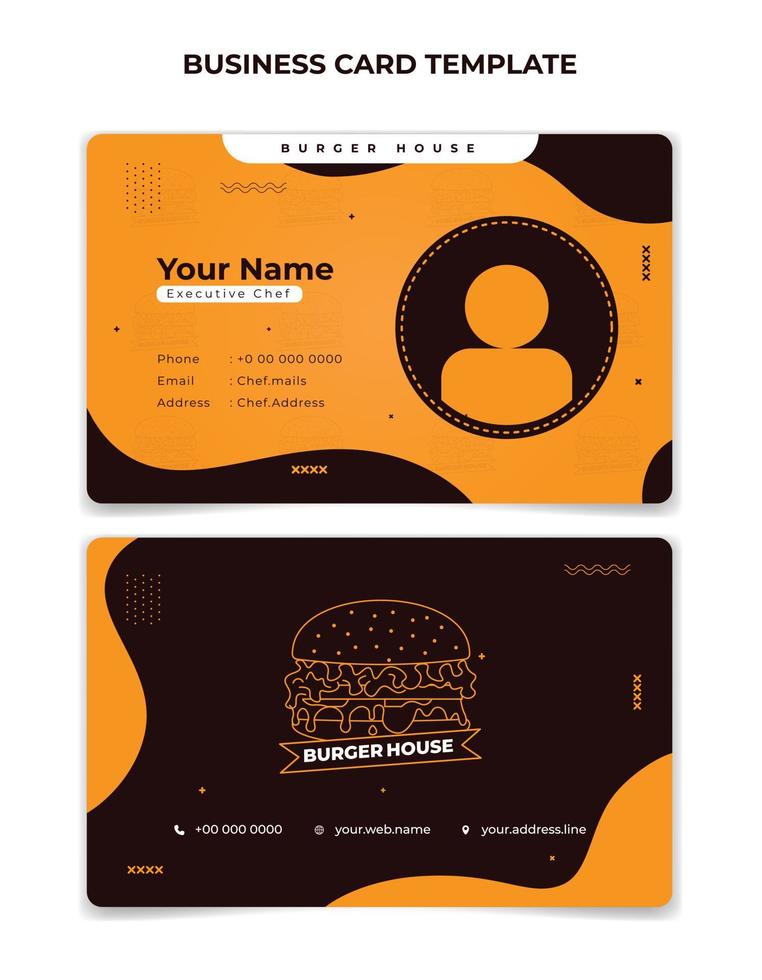 tarjeta de identificación amarilla y marrón con diseño simple de fondo de onda y hamburguesa. diseño de tarjeta de identificación de restaurante. vector