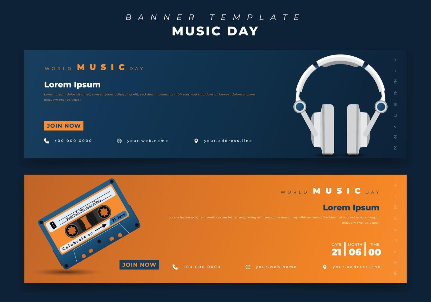 diseño de banner de paisaje con ilustración de vector de auriculares y casete para el diseño del día mundial de la música