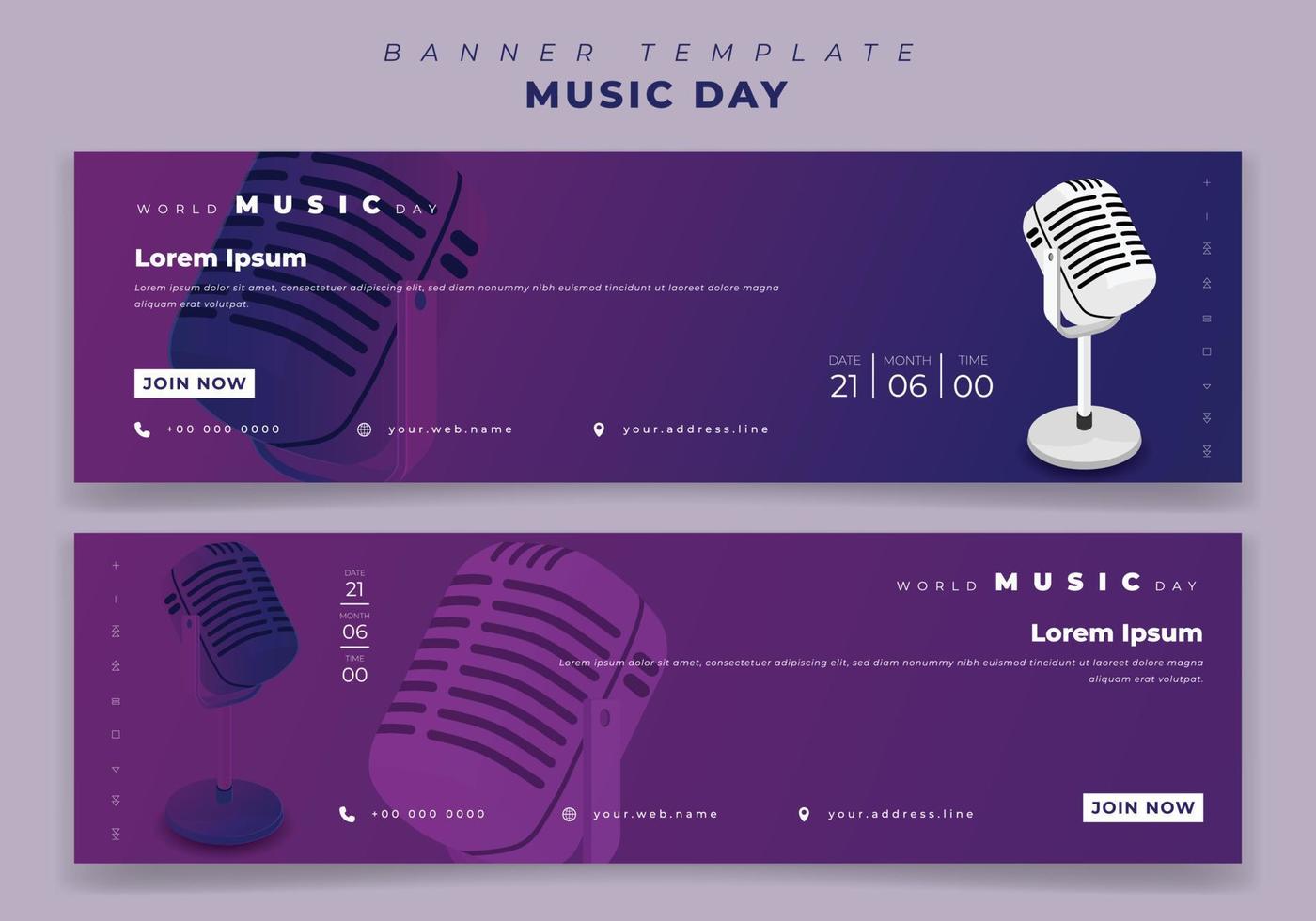 plantilla de banner de paisaje para el día mundial de la música en fondo morado con diseño de micrófono vector