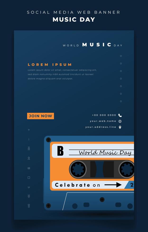 banner de retrato con diseño de casete en fondo azul para el diseño del día mundial de la música vector