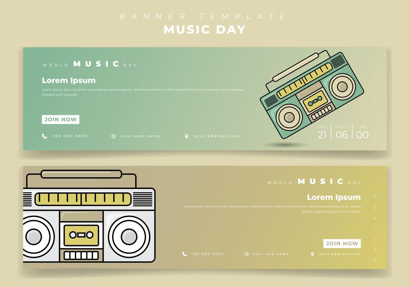 plantilla de banner de paisaje para el día mundial de la música en fondo verde con diseño de cinta de radio vector