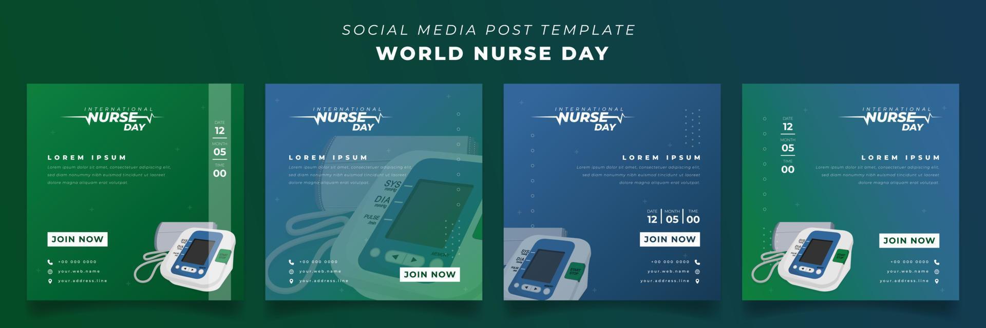 conjunto de plantilla de publicación en medios sociales en fondo cuadrado para el día de la enfermera con diseño de presión arterial vector