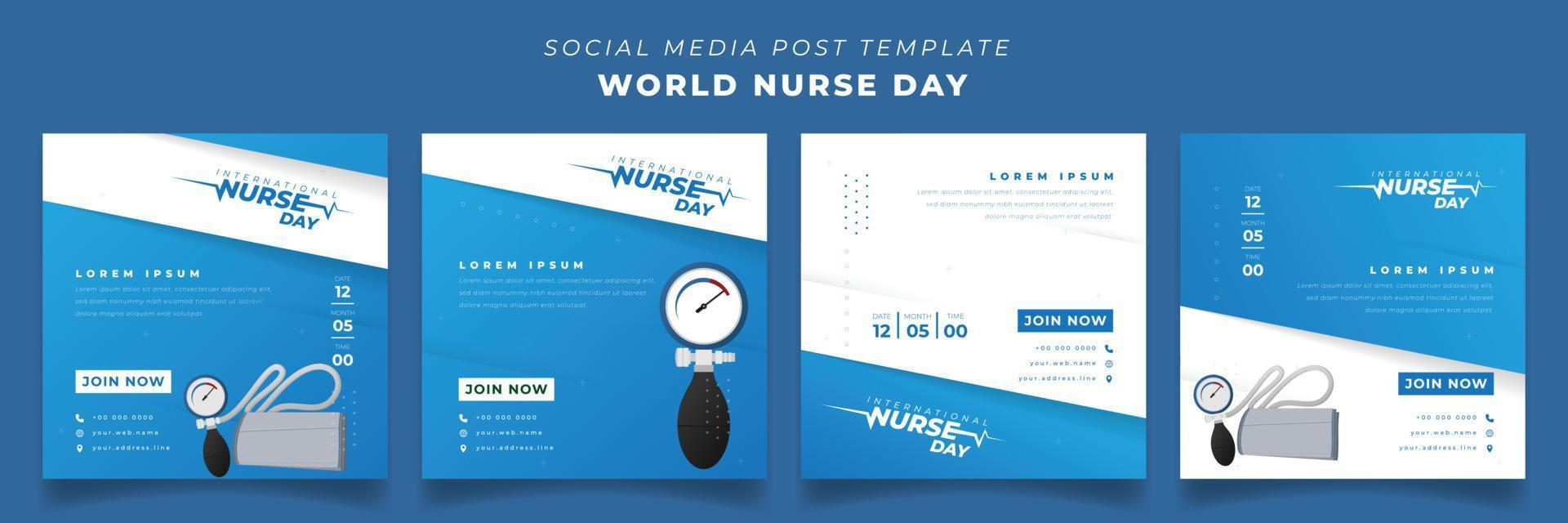 Set of social media post template in blue square background with blood pressure for nurse day design vector