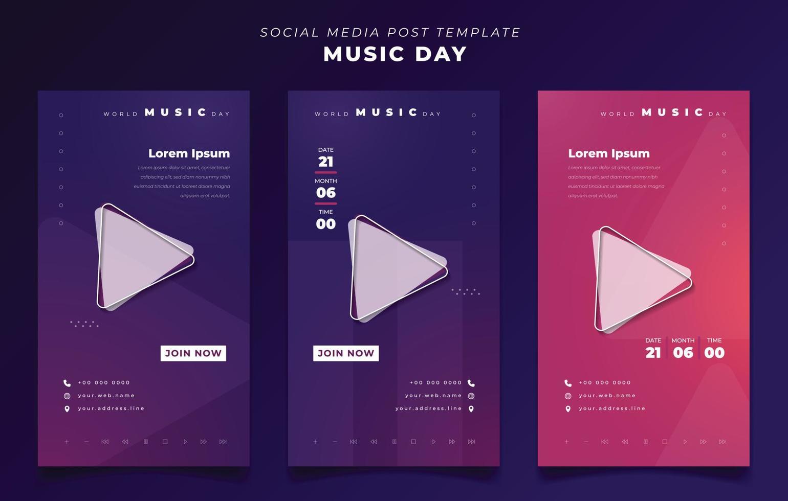 Set of social media post template with purple gradient design for music day in portrait background vector