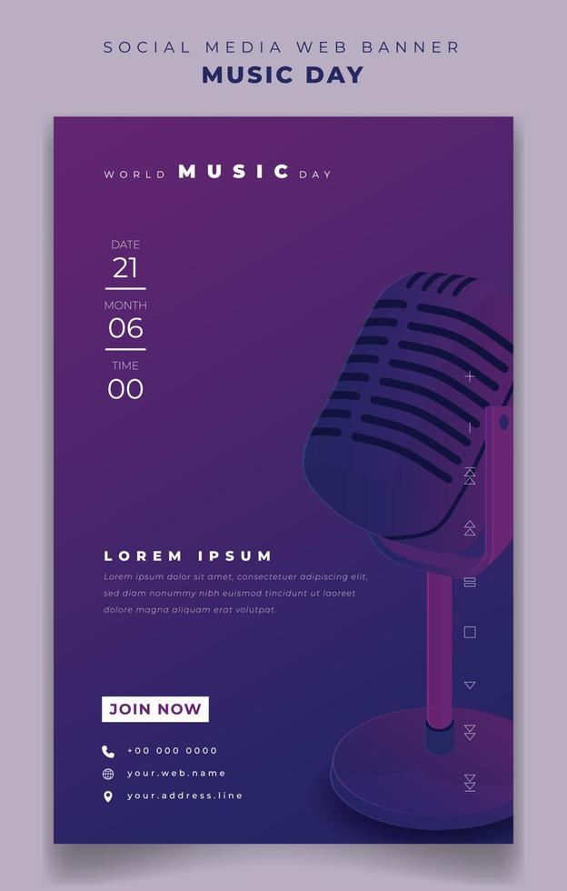 plantilla de banner de retrato con diseño de podcast de micrófono para el diseño del día mundial de la música vector