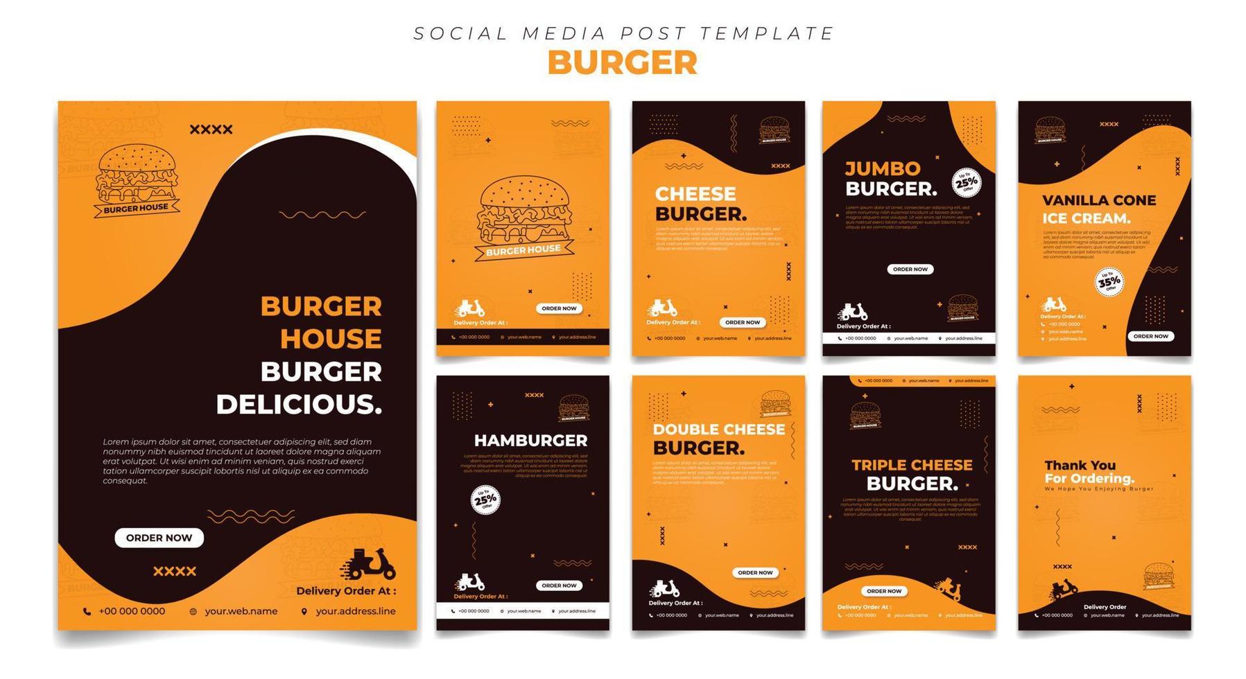 Set social media post template with simple wave design. social media template with burger design. vector