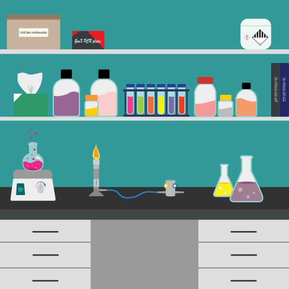 mesa de laboratorio con mechero bunsen vector