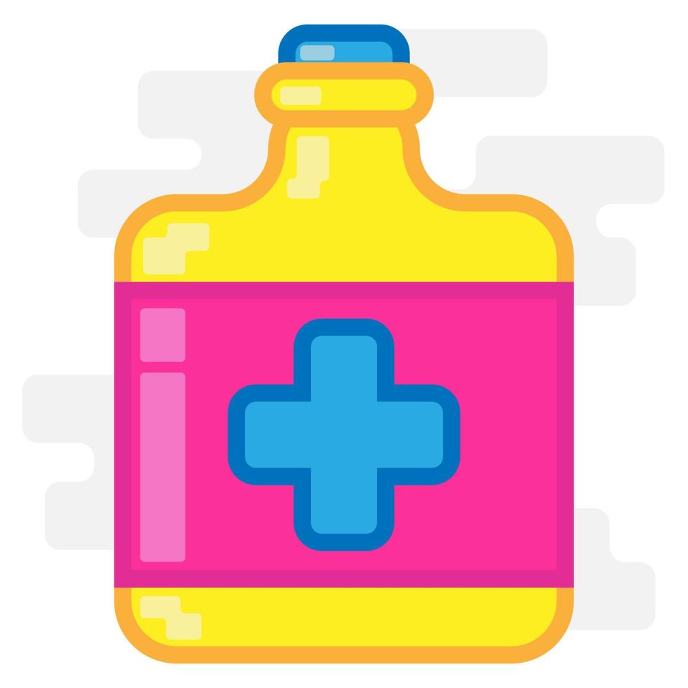 Cute dibujos animados de diseño plano de botella de medicina de emergencia cuadrada para camisa, póster, tarjeta de regalo, portada o logotipo vector