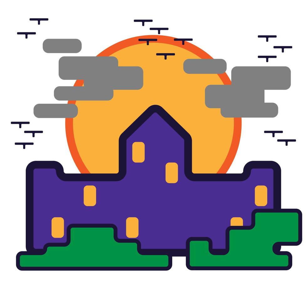 lindo diseño plano de la casa y la torre de ambiente de halloween para camisa, póster, tarjeta de regalo, portada o logotipo vector