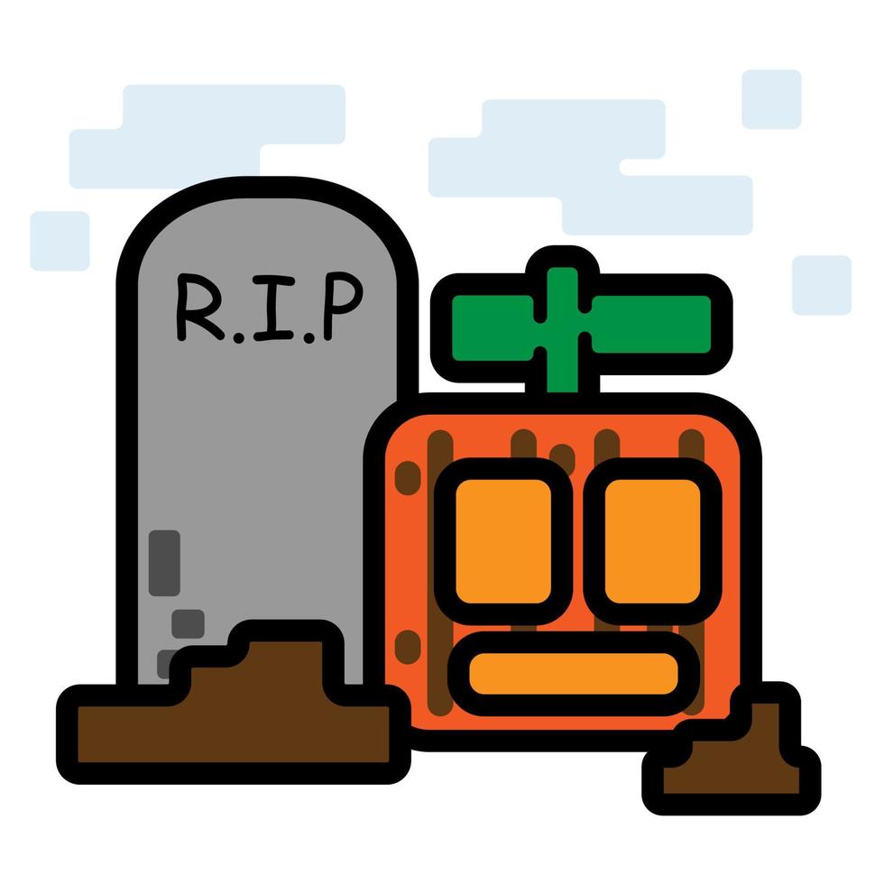 lindo cuadrado descanse en paz lápida y cabeza de calabaza de halloween dibujos animados de diseño plano para camisa, póster, tarjeta de regalo, portada o logotipo vector