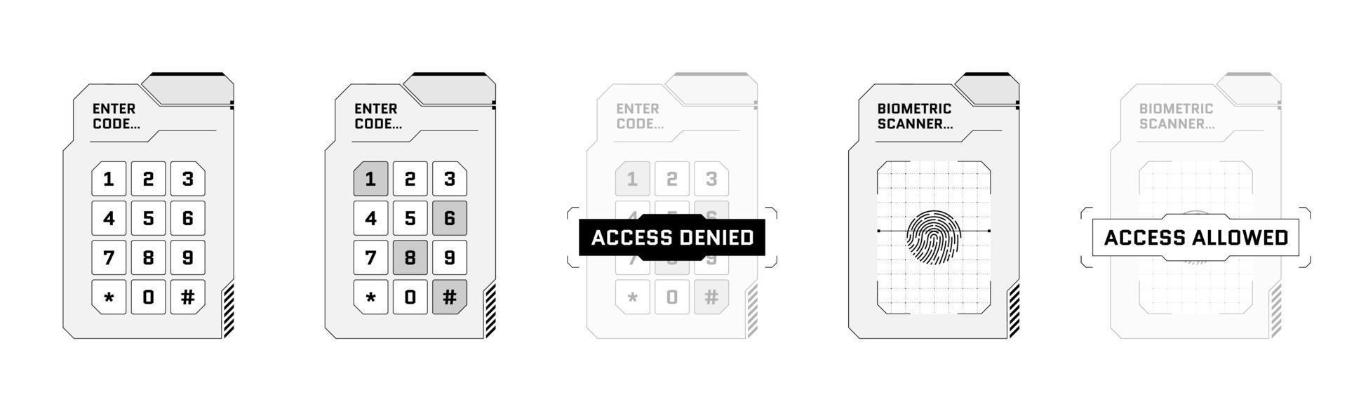 HUD digital futuristic user interface PIN code entry panel set. Sci Fi high tech protection screens. Gaming menu finger scan and number touching dashboard. Cyber space keypad and biometric id. Vector