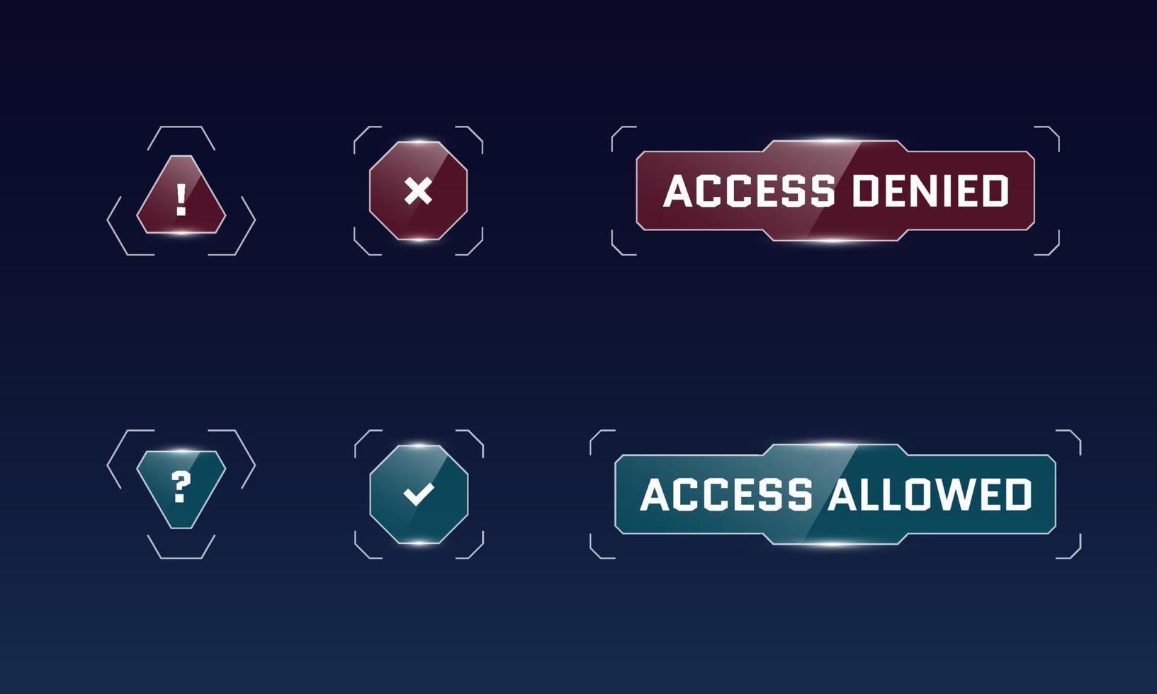 acceso a la interfaz de usuario futurista digital hud permitido y conjunto de botones denegados. signos de interrogación y exclamación de alta tecnología de ciencia ficción. Elementos de diseño infográfico de seguridad del menú de juegos. proteger el ciberespacio vector