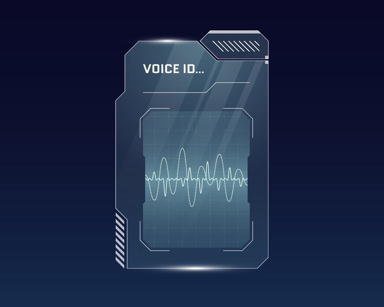HUD digital futuristic user interface voice recognition panel. Sci Fi high tech access protection glowing screen. Gaming menu biometric id audio dashboard. Cyberspace speaker identification. Vector