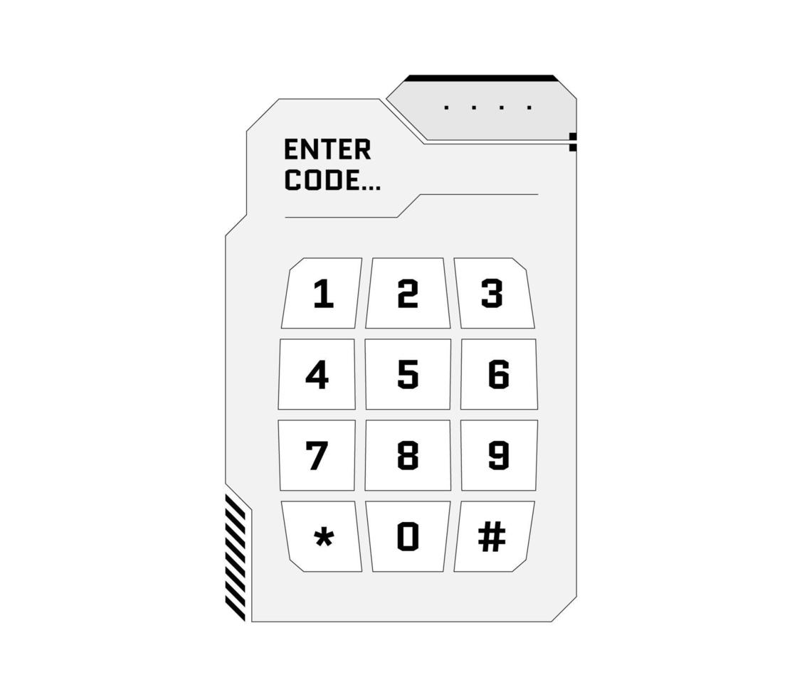 HUD digital futuristic user interface PIN code entry panel. Sci Fi high tech protection black and white screen. Gaming menu number touching dashboard. Cyber space keypad vector eps illustration