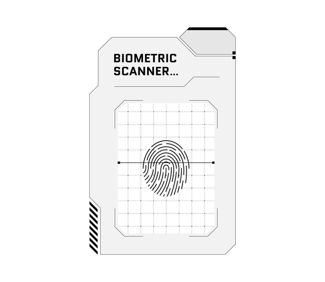 HUD digital futuristic user interface finger scan panel. Sci Fi high tech protection black and white screen. Gaming menu biometric id touching dashboard. Cyberspace fingerprint scanning identification vector