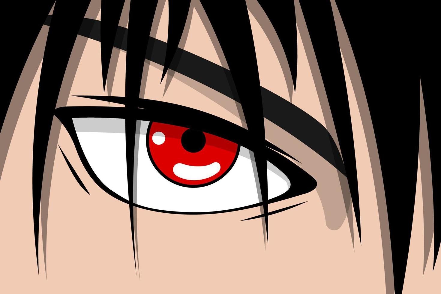 cara de niño bonito de anime con ojos rojos y cabello negro. concepto de fondo de arte de héroe de manga. ilustración vectorial de aspecto de dibujos animados eps vector