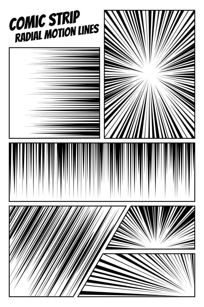 Comic strip radial motion lines set. Anime comics book hero speed or fight action texture rays. Manga cartoon drawing explosions background collection. Vector eps illustration