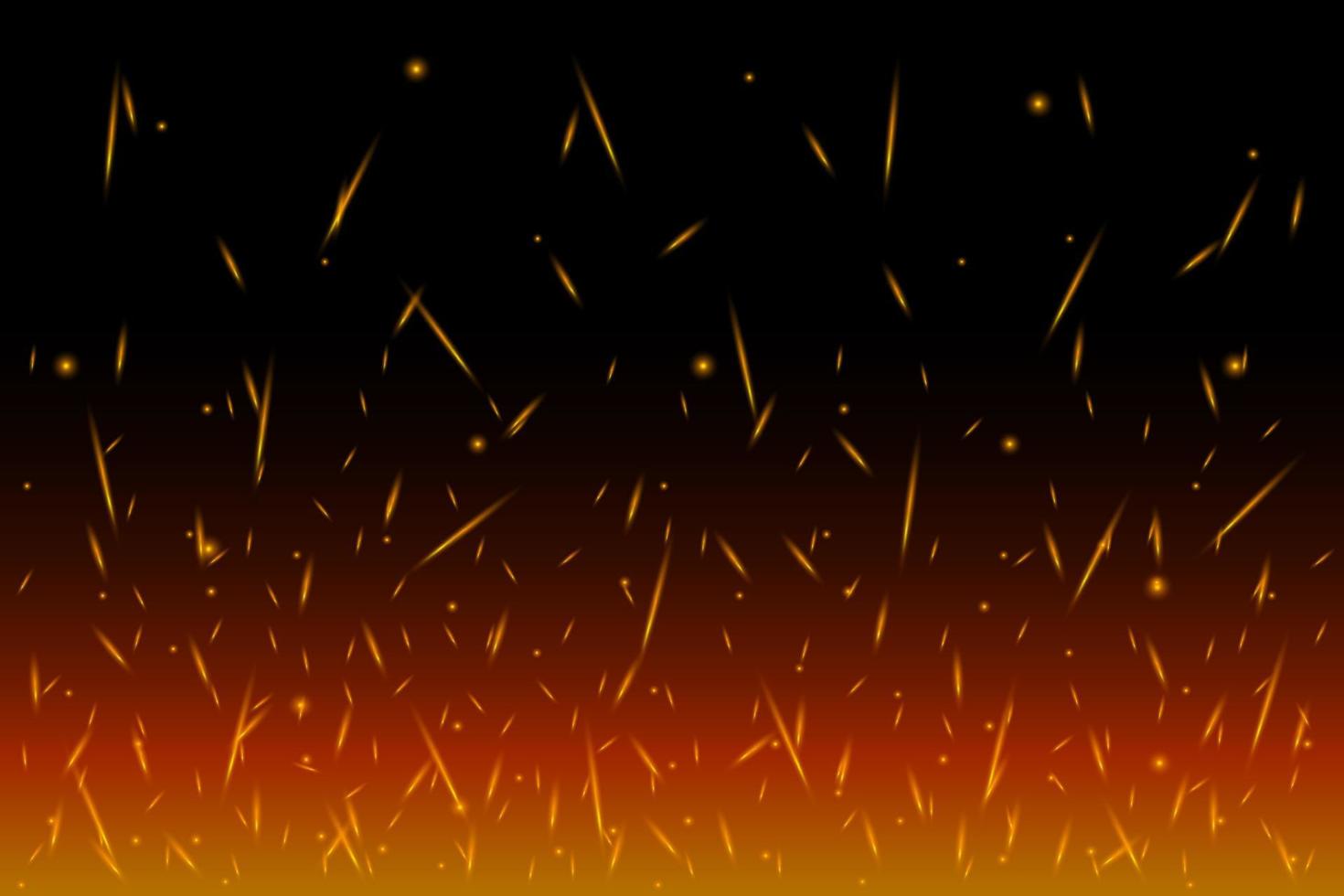 Fiery sparks on air over dark night. Flying glowing particles from fire. Flame lights effect on black background from bottom side vector eps illustration