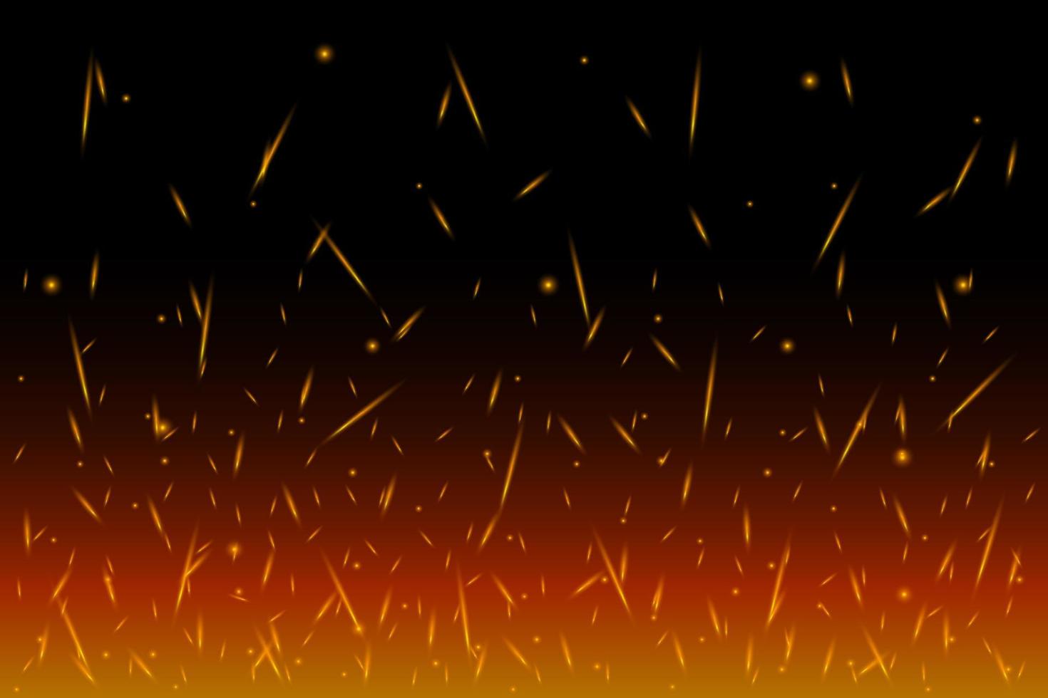 chispas ardientes en el aire durante la noche oscura. partículas brillantes voladoras del fuego. efecto de luces de llama sobre fondo negro desde el lado inferior ilustración vectorial eps vector