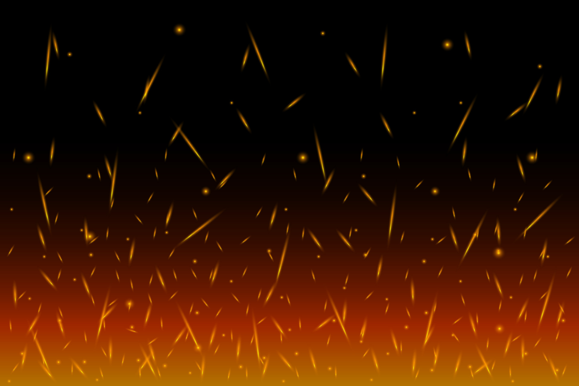 Fiery sparks on air over dark night. Flying glowing particles from fire