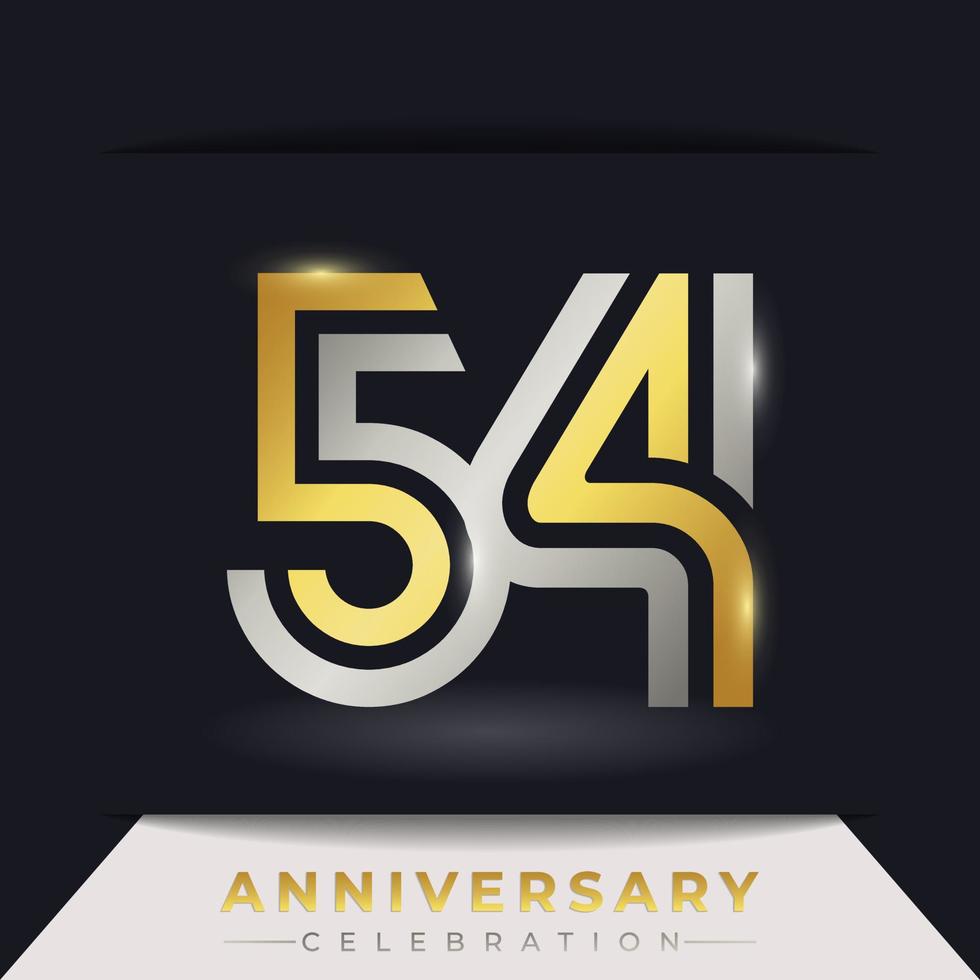 54 Year Anniversary Celebration with Linked Multiple Line Golden and Silver Color for Celebration Event, Wedding, Greeting card, and Invitation Isolated on Dark Background vector