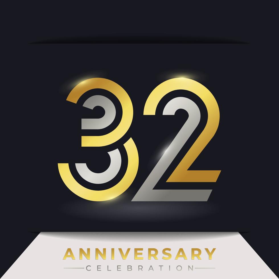 Celebración del aniversario de 32 años con varias líneas vinculadas de color dorado y plateado para eventos de celebración, bodas, tarjetas de felicitación e invitaciones aisladas en un fondo oscuro vector