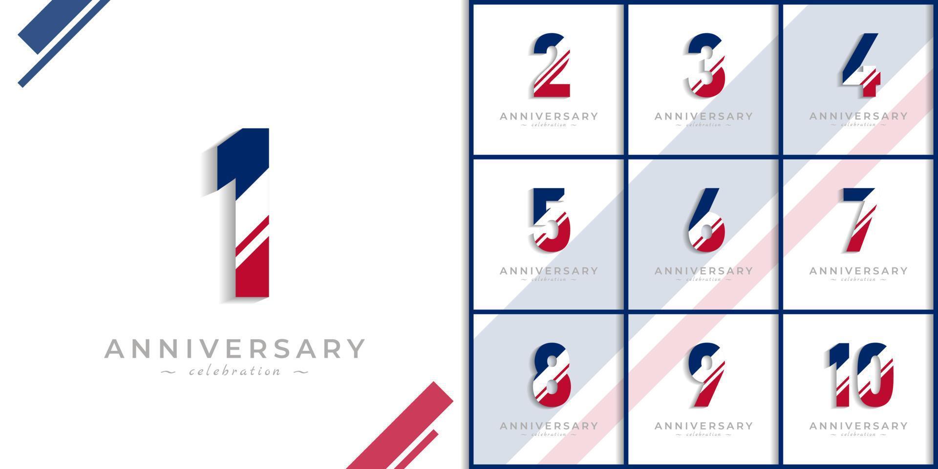 Set of Years Anniversary Celebration with White Slash in Red and Blue American Flag Color. Happy Anniversary Greeting Celebrates Event Isolated on White Background vector