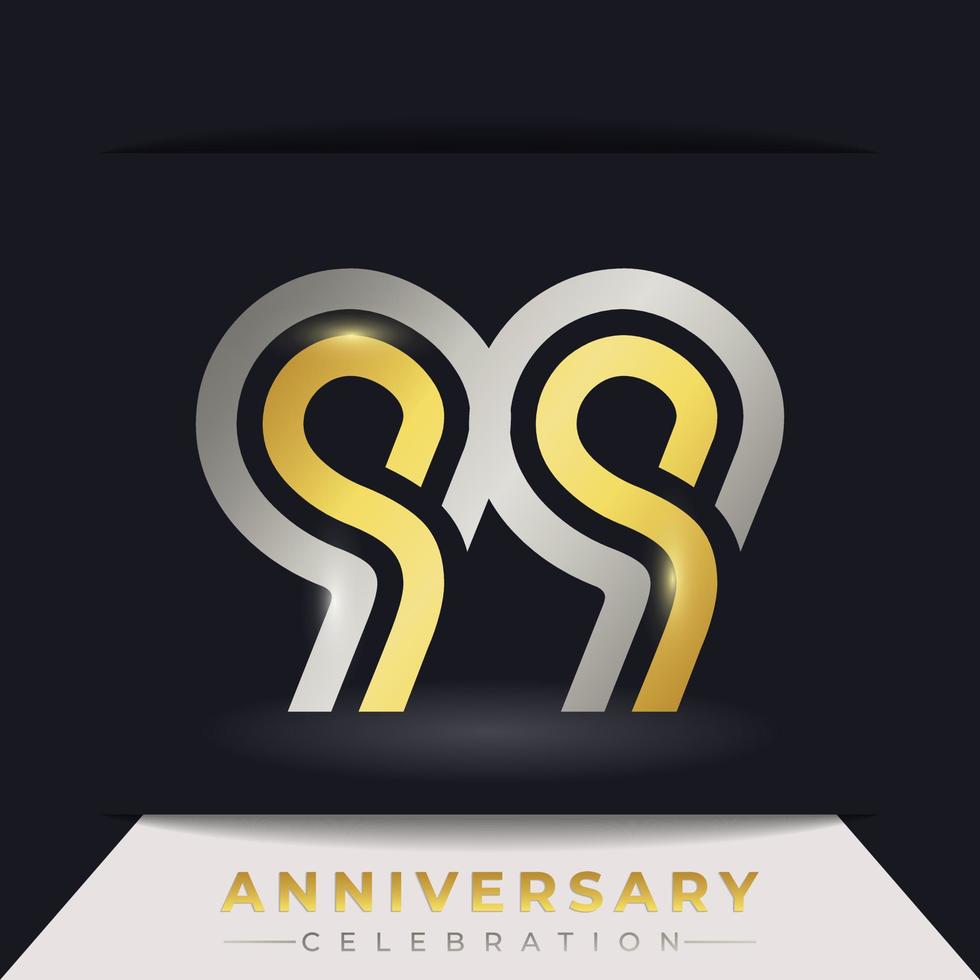 Celebración del aniversario de 99 años con varias líneas vinculadas de color dorado y plateado para eventos de celebración, bodas, tarjetas de felicitación e invitaciones aisladas en un fondo oscuro vector