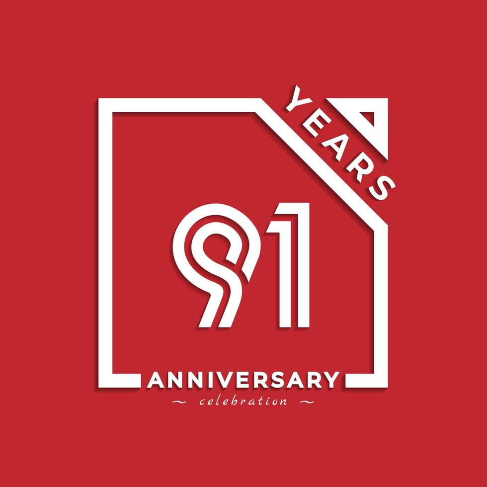 Diseño de estilo de logotipo de celebración de aniversario de 91 años con número vinculado en cuadrado aislado sobre fondo rojo. feliz aniversario saludo celebra evento diseño ilustración vector