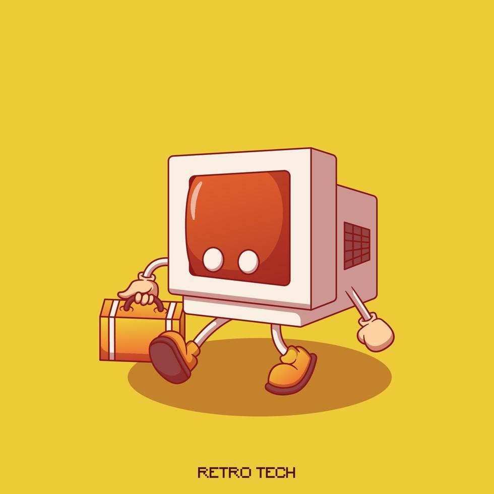 cute retro monitor screen walking illustration vector