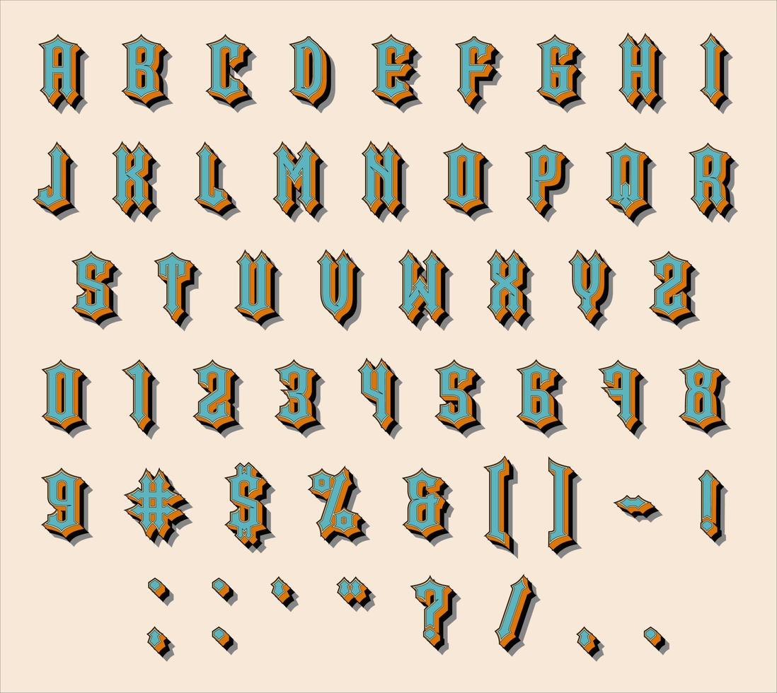 Vintage font effect. Set of capital letters and numbers. Vector illustration font.