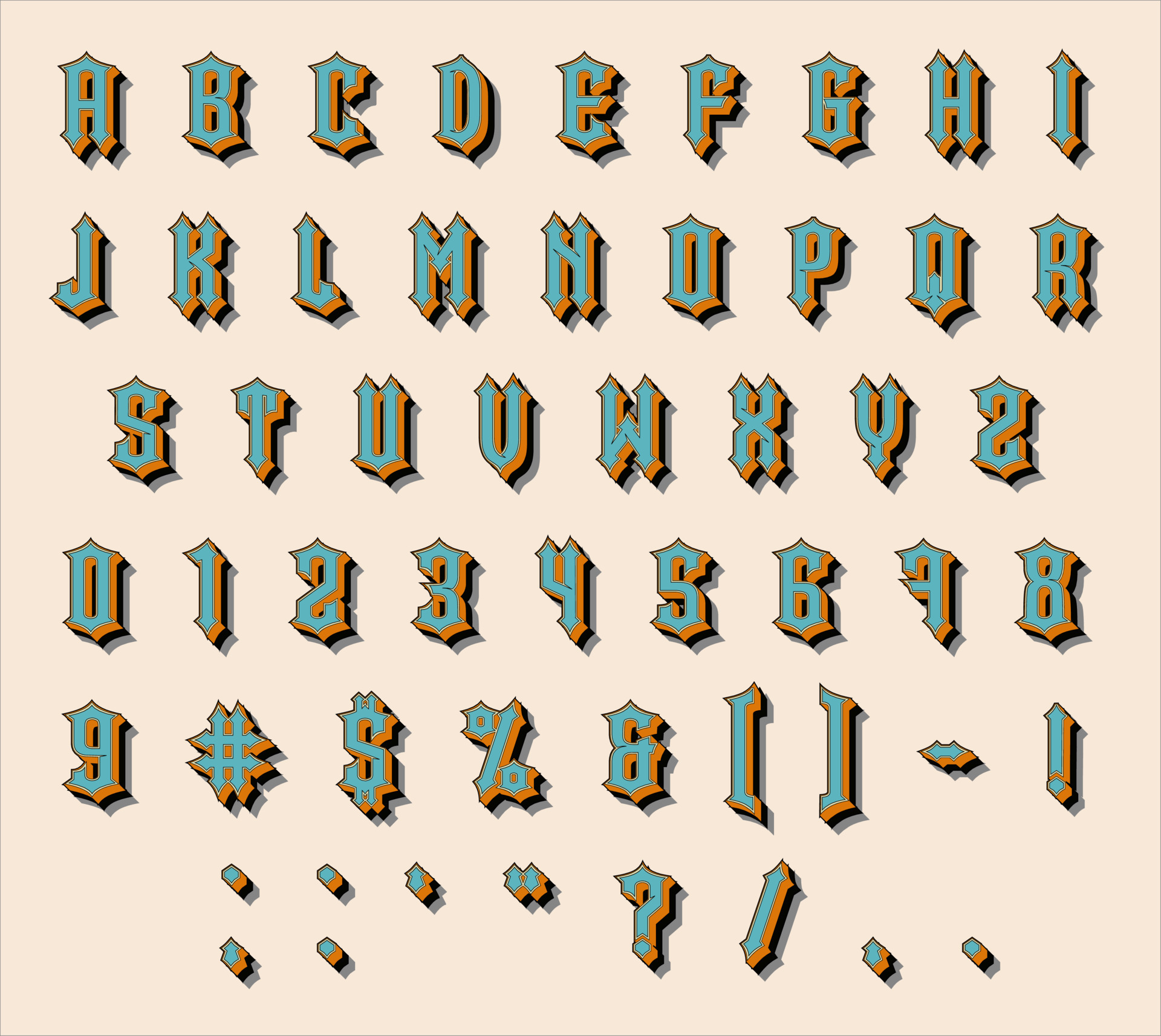 Vintage font effect. Set of capital letters and numbers. Vector