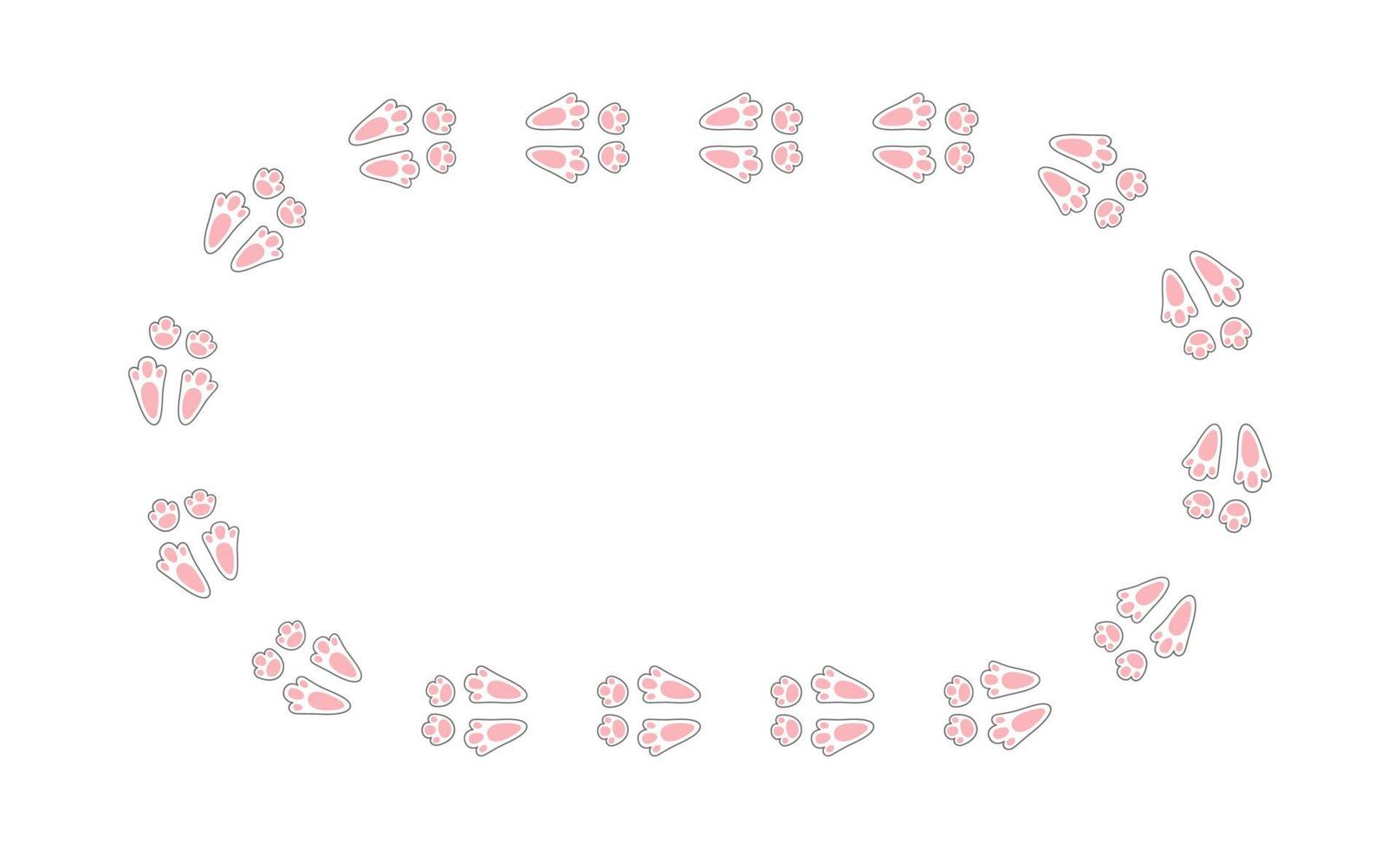Rabbit or hare footprint trail. Easter bunny foot prints. Rabbit paw steps. Hare steps track on snow. Blank round frame template. Vector illustration isolated on white background in flat style