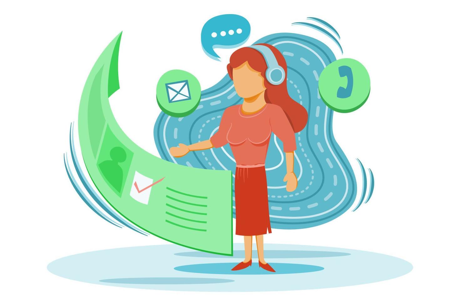 Technology communication concept illustration, woman wearing headphones with communication innovation icon vector
