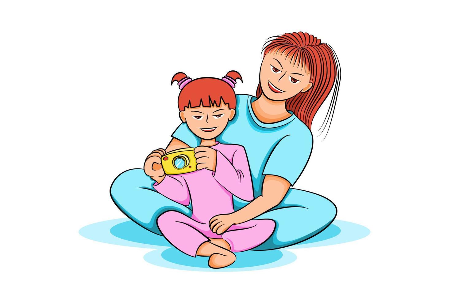 ilustración de personaje de dibujos animados de dos madre e hija en pijama  mirando la cámara, madre enseñando a los niños a tomar fotos 7166288 Vector  en Vecteezy