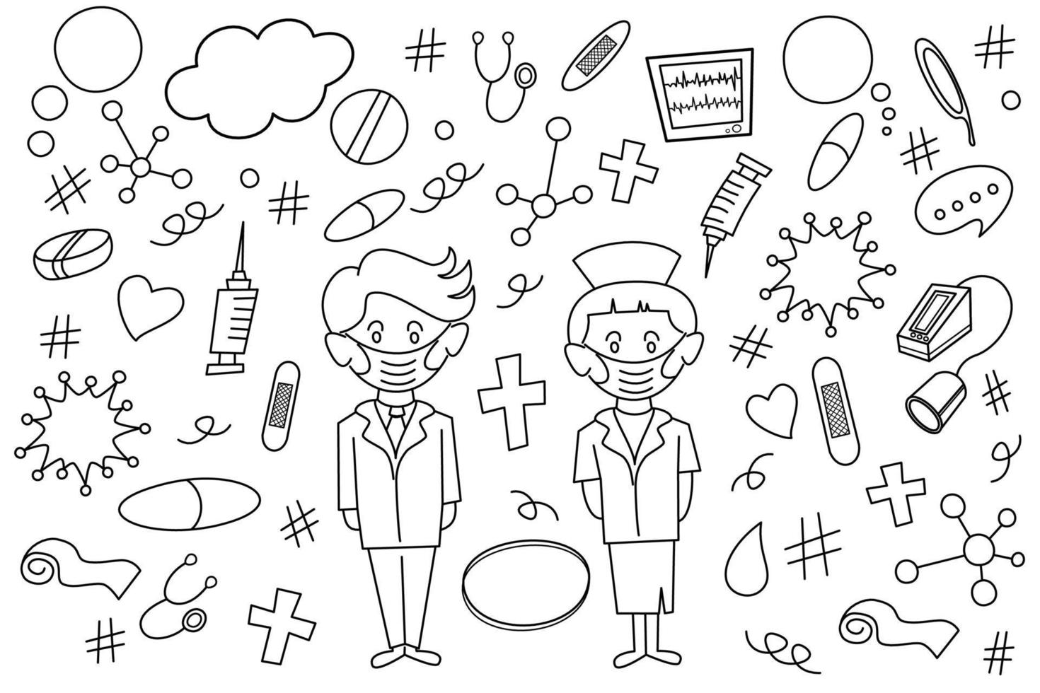 Vector illustration hand drawn line drawing doctor with nurse and medical equipment