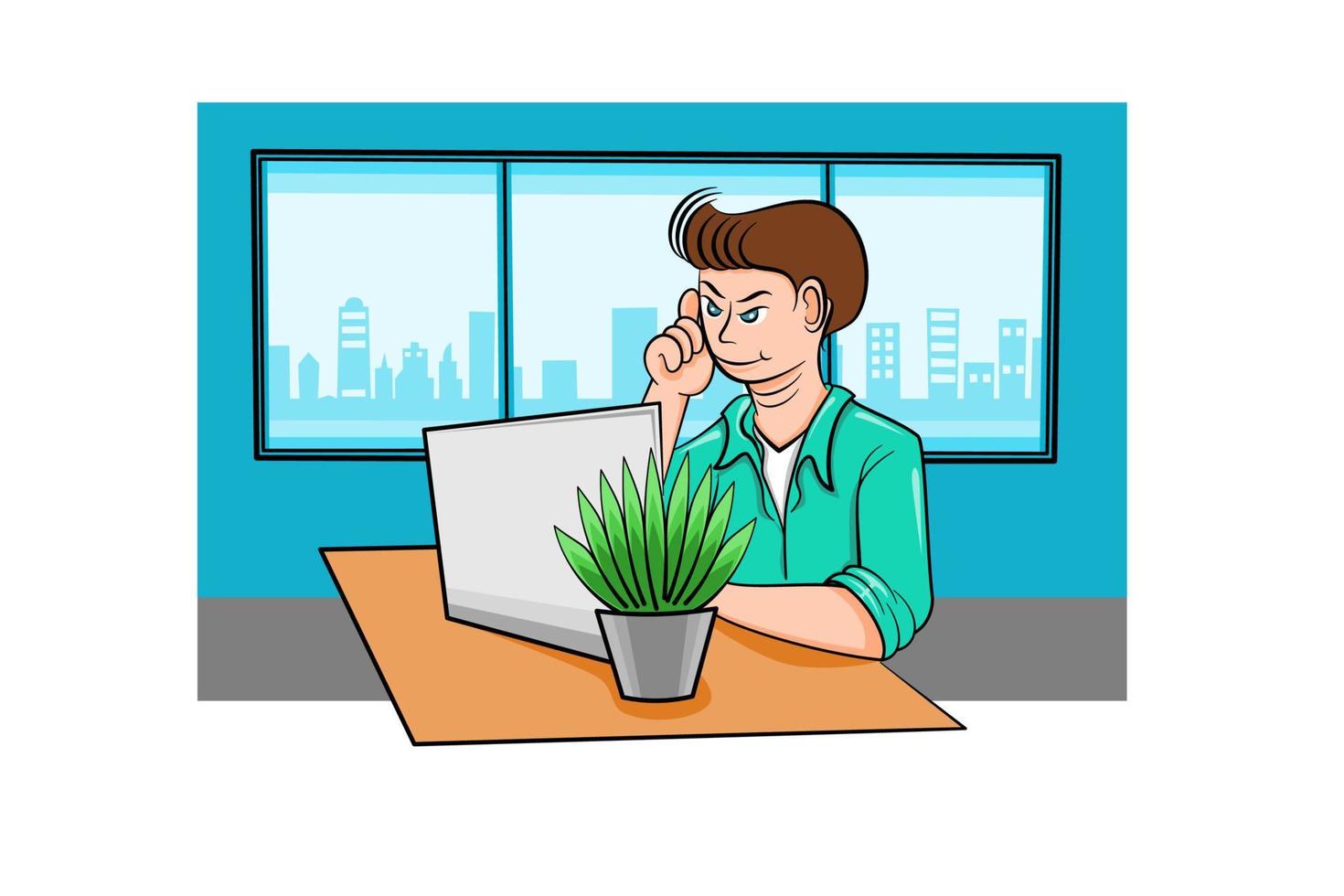 Cartoon business man sitting in the room working in front of a computer screen, working from home, studying online, social media vector