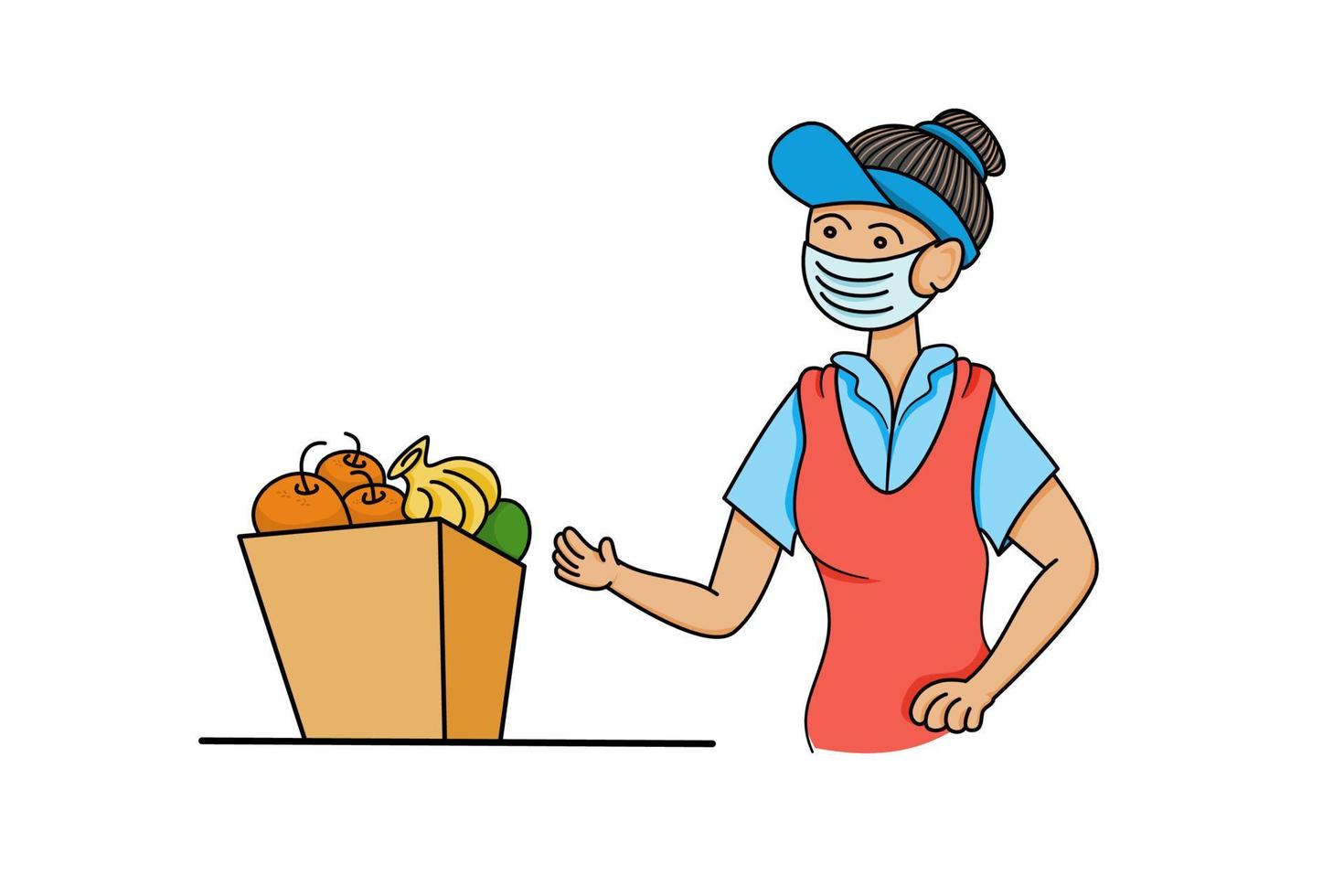 ilustración vectorial mujer con una máscara con una caja de frutas vector